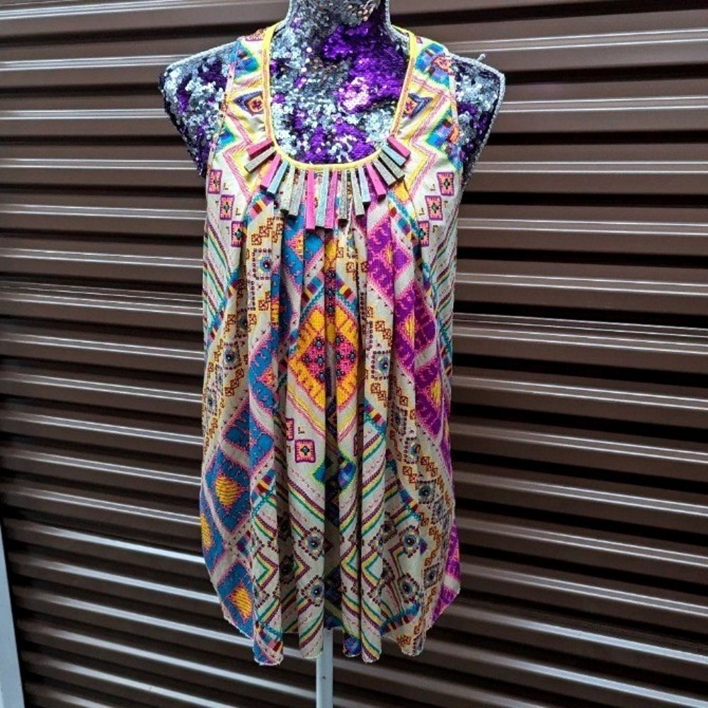 Boho Festival Aztec Print‎ Halter Tunic Tank Colorful Rampage Large Beaded Neck